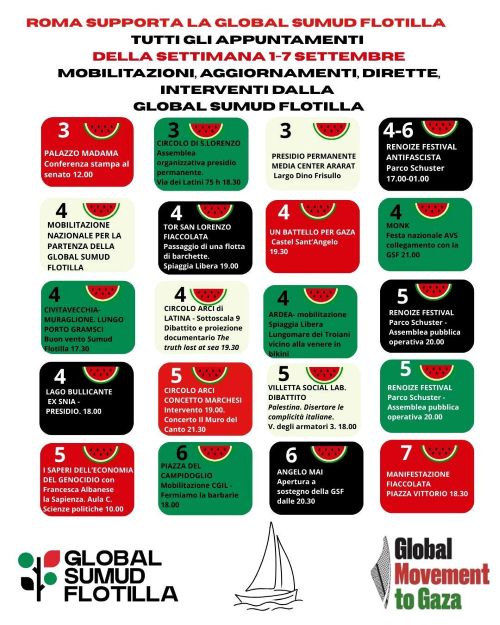 Calendario settembre Global Movement to Gaza Italia Roma e Lazio